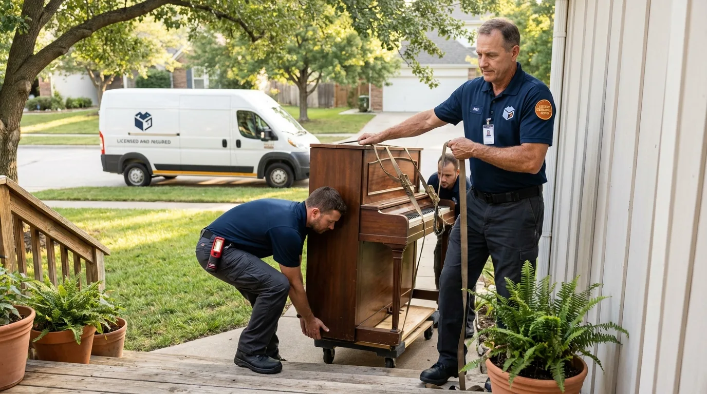 Licensed piano movers securing grand piano in Dundee, FL